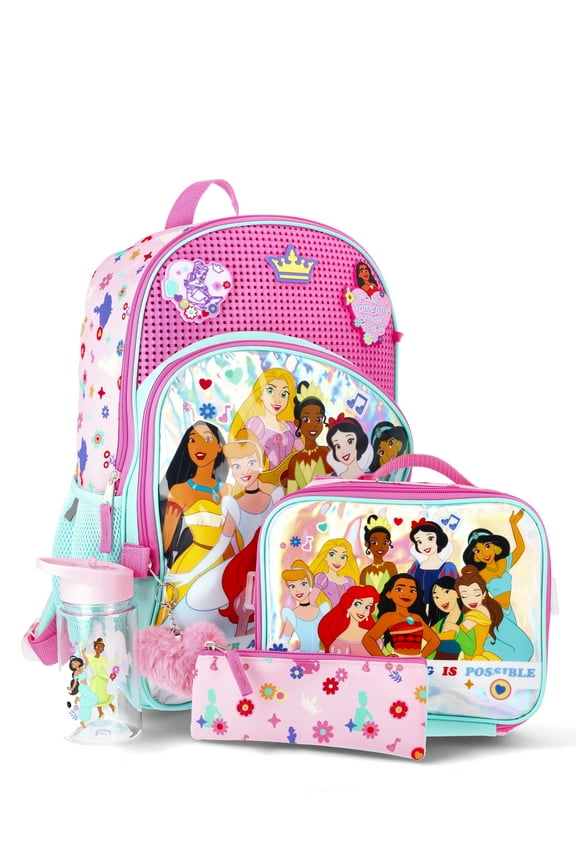 Disney Princess Girls Customizable Charm 17" 6-Piece Backpack Set, Light Pink