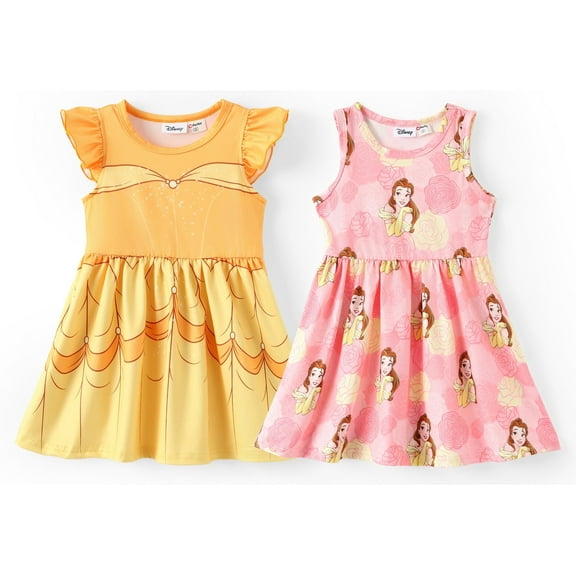 Disney Princess Girls Dresses 2 Pack Belle Graphic Ruffled Sleeveless Summer Costume Dress Toddler Kids 2T