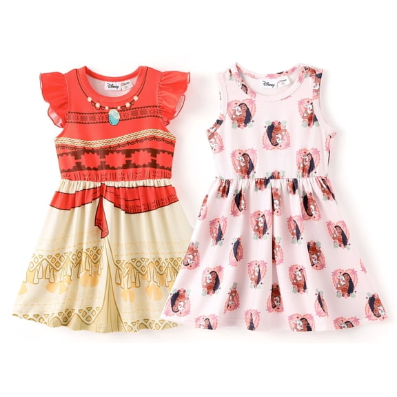 Disney Princess Girls Dresses 2 Pack Moana Graphic Ruffled Sleeveless Summer Costume Dress Toddler Kids 2T