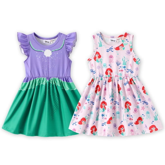 Disney Princess Girls Dresses Ariel 2 Pack Little Mermaid Pink Graphic Ruffled Tank Sleeveless Beach Summer Costume Dress Baby Toddlers 2T