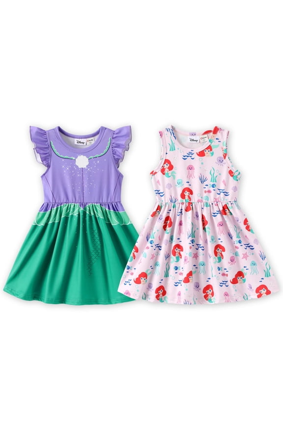 Princess Girls Dresses Ariel 2 Pack Little Mermaid Pink Graphic Ruffled Tank Sleeveless Beach Summer Costume Dress Baby Toddlers 2T