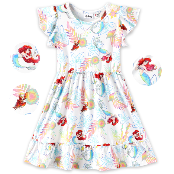 Disney Princess Girls Dresses Ariel Little Mermaid White Ruffled Summer Beach Holiday Fairy Dress Kids 8-9Y