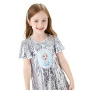 Disney Princess Girls Dresses Elsa Silver Graphic Sequins Short Sleeves Outfits Girls Fashion Sizes 3-6