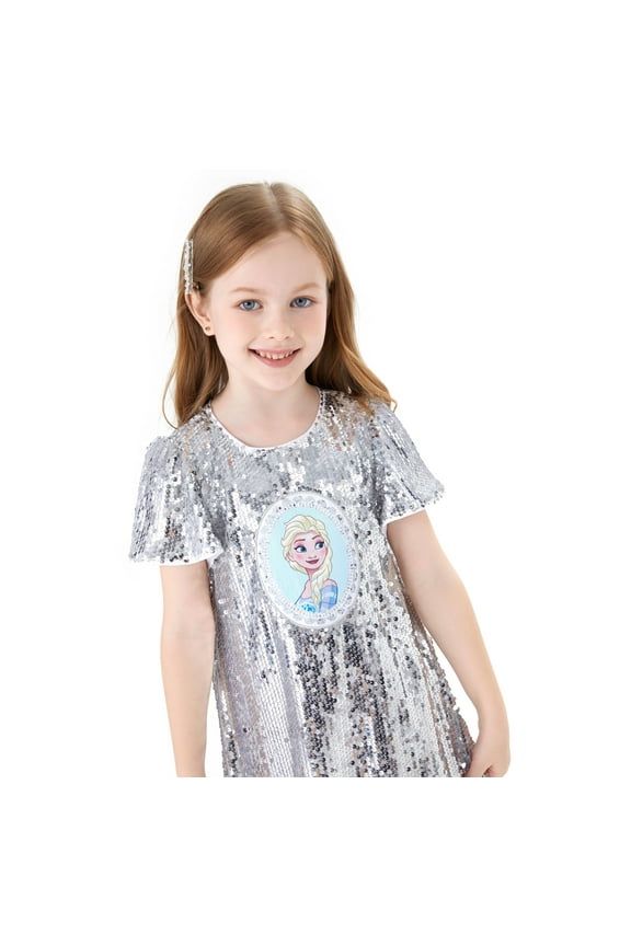 Princess Girls Dresses Elsa Silver Graphic Sequins Short Sleeves Outfits Girls Fashion Sizes 3-6
