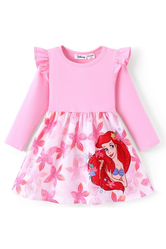 Princess Girls Dresses Little Mermaid Ariel Graphic Pink Flower Long Sleeves Dress Gifts Baby Toddler 2T