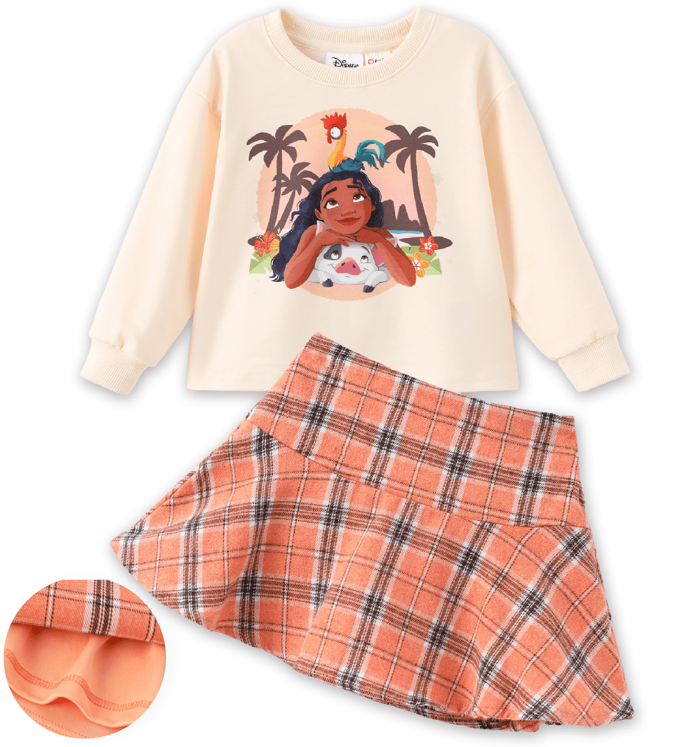 Disney Princess Girls Dresses Sets Moana Graphic Long Sleeve Crop Sweatshirt and Plaid Skirt School Outfits Kids 5-6Y