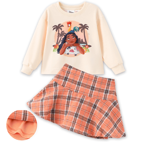 Disney Princess Girls Dresses Sets Moana Graphic Long Sleeve Crop Sweatshirt and Plaid Skirt School Outfits Kids 5-6Y