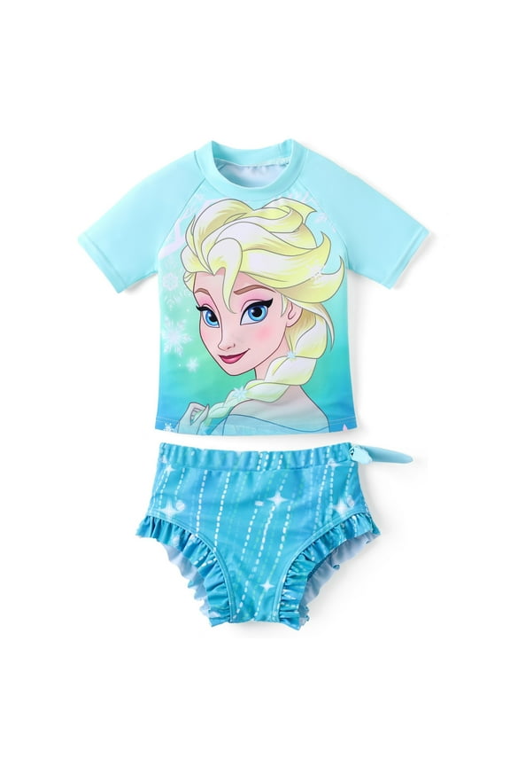 Princess Girls Frozen Elsa Rash Guards and Bikini Set, 2-pcs, Sizes 2-6, Light Blue