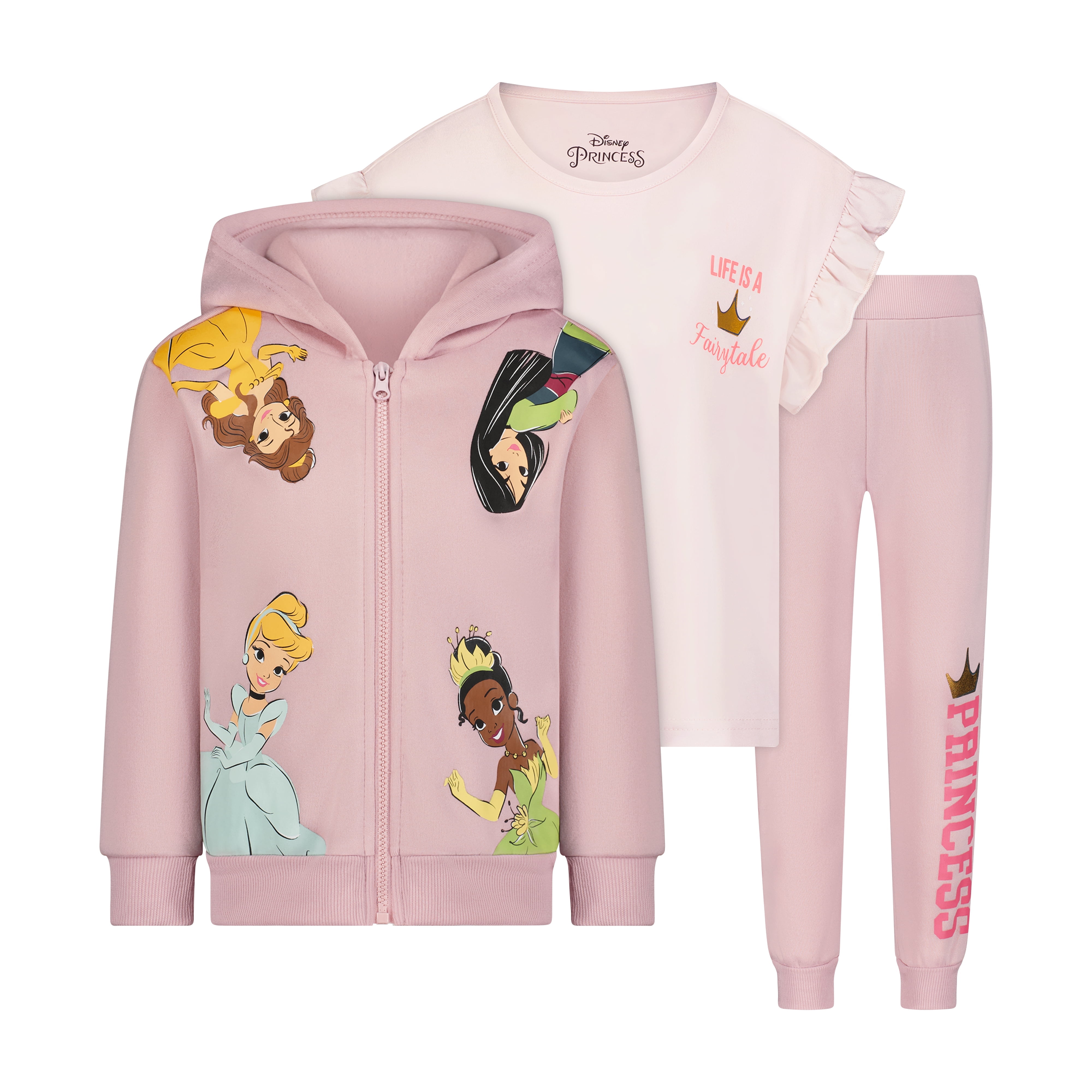Disney Princess Girls Hoodie 3 Piece T-Shirt and Jogger Set for ...