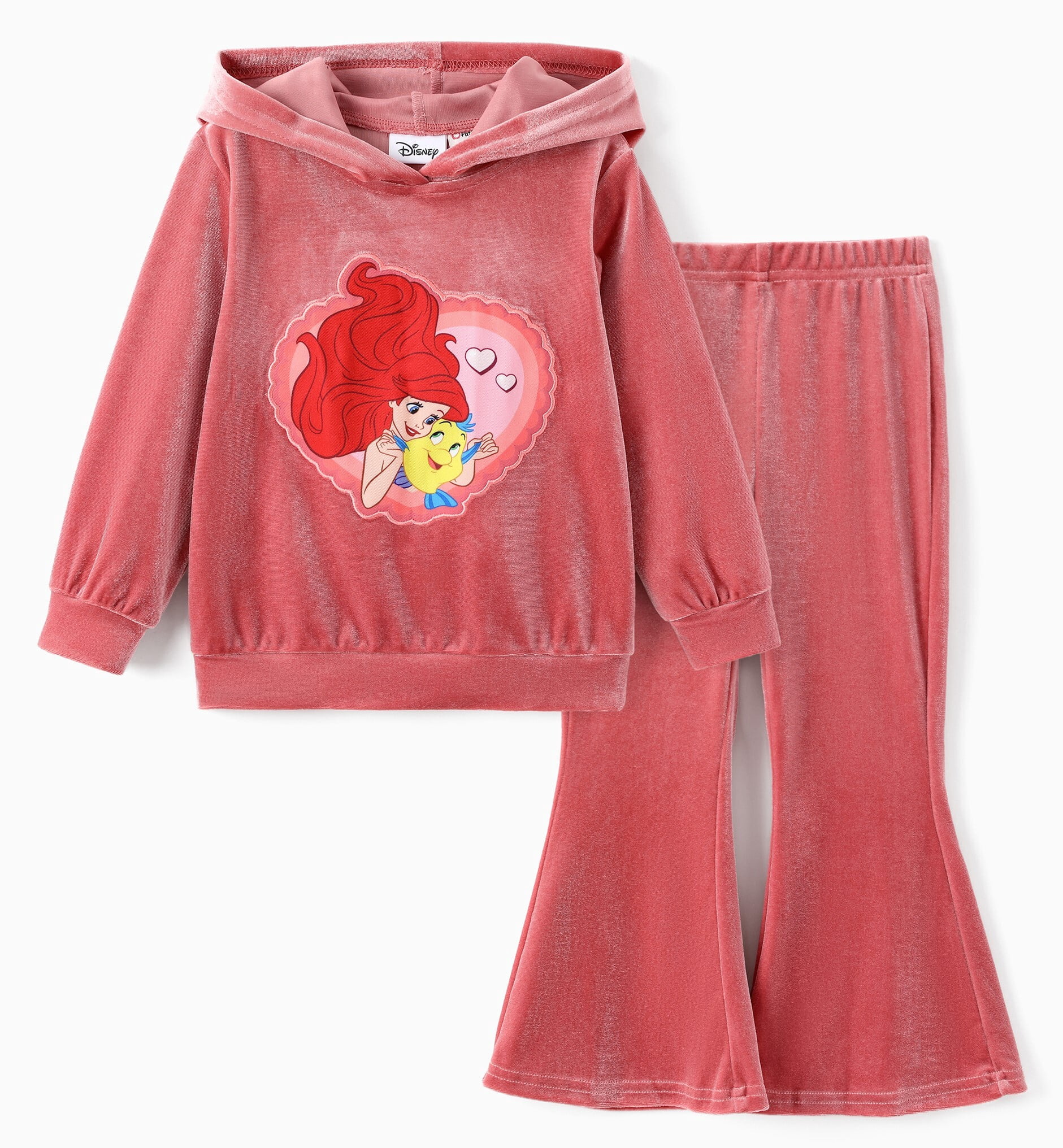 Disney Princess Girls Hoodie Ariel Graphic Love Sweatshirt and Flared Pants Pink Velvet 2 Pieces Sets Toddler 4-5T