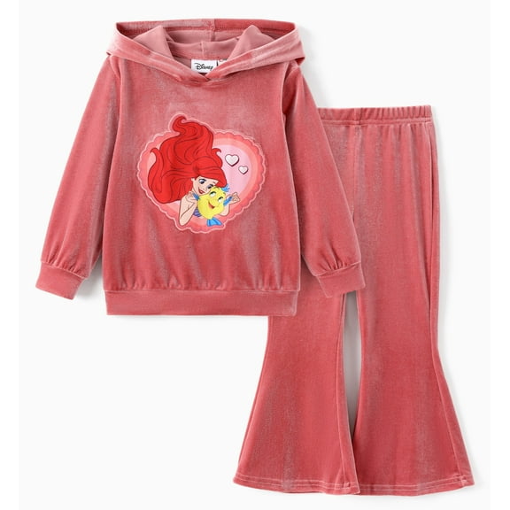 Disney Princess Girls Hoodie Ariel Graphic Love Sweatshirt and Flared Pants Pink Velvet 2 Pieces Sets Toddler 4-5T