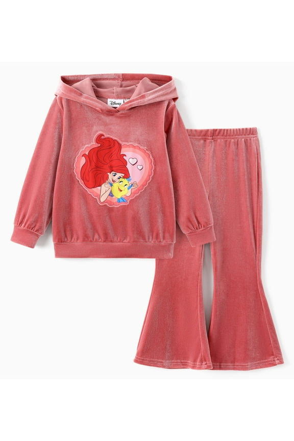 Princess Girls Hoodie Ariel Graphic Love Sweatshirt and Flared Pants Pink Velvet 2 Pieces Sets Toddler 4-5T