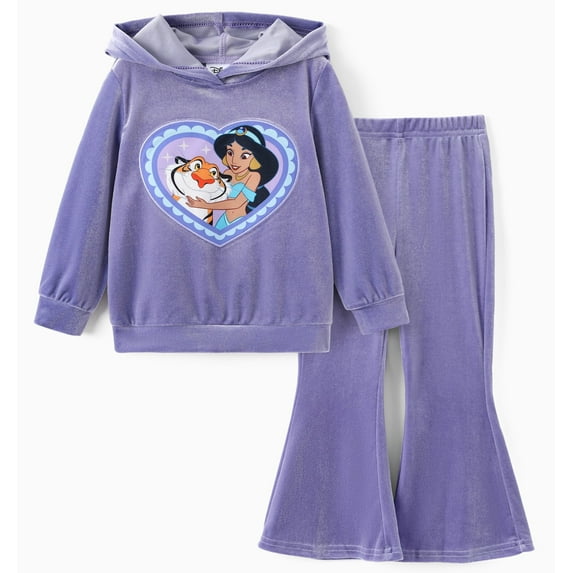 Disney Princess Girls Hoodie Jasmine Graphic Heart Sweatshirt and Flared Pants Velvet 2 Pieces School Outfits Toddler 2T