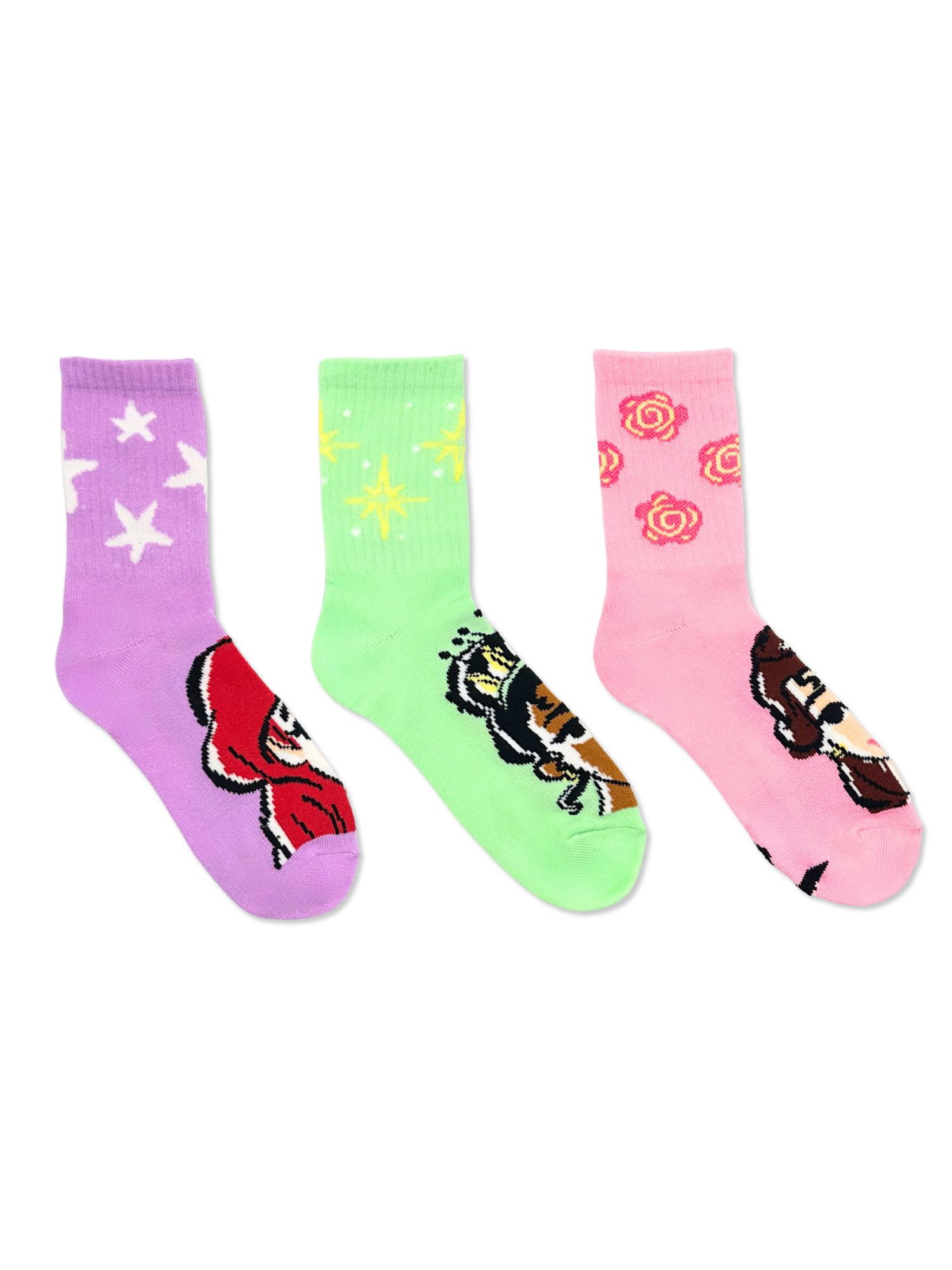 Disney Princess Girls Mid-Crew Socks, 3-Pack, Sizes S/M-M/L