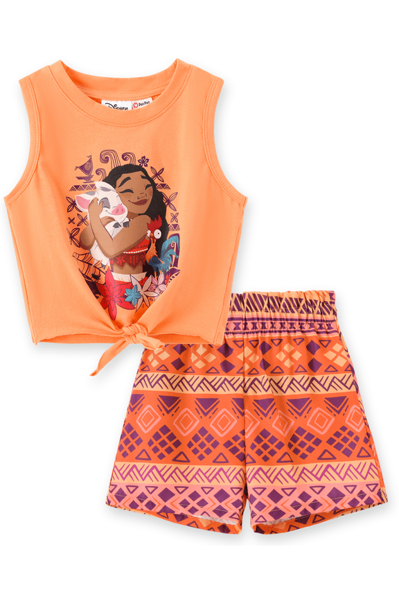 Princess Girls Moana Graphic Tee Tank Top and Shorts Bottoms 2 Piece Set Summer Tropical Outfits Kids 5-6Y