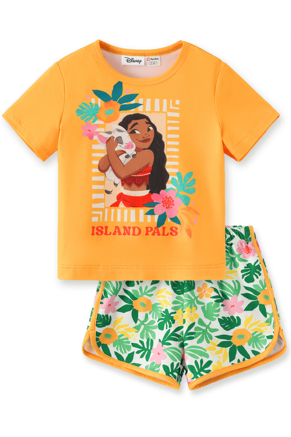 Princess Girls Moana Graphic Tee and Dolphin Shorts 2-Piece Vacation School Outfit Kids 6-7Y