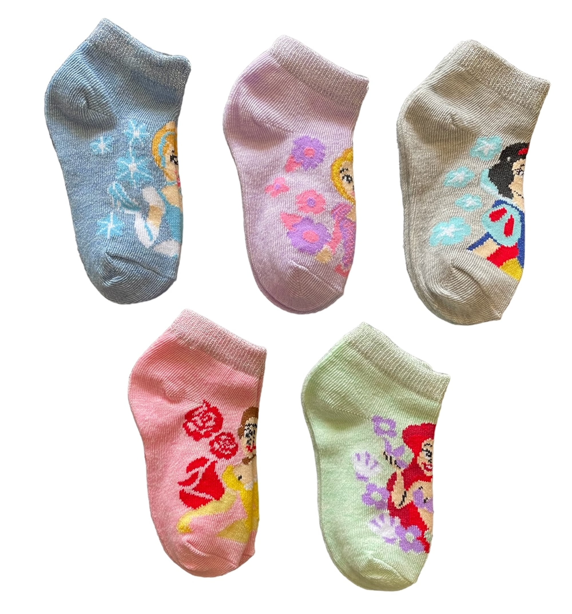 Disney Princess Girls No Show Socks 5 Pack with Cinderella, Rapunzel, Snow White, Belle and