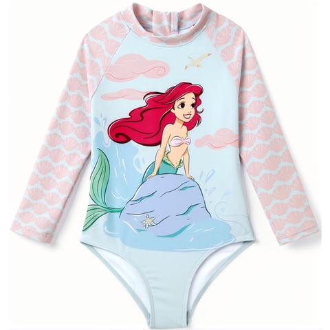 Disney Princess Girls One-Piece Swimsuit Ariel Rash Guard Graphic Bathing Suits Kids Sizes 2-5