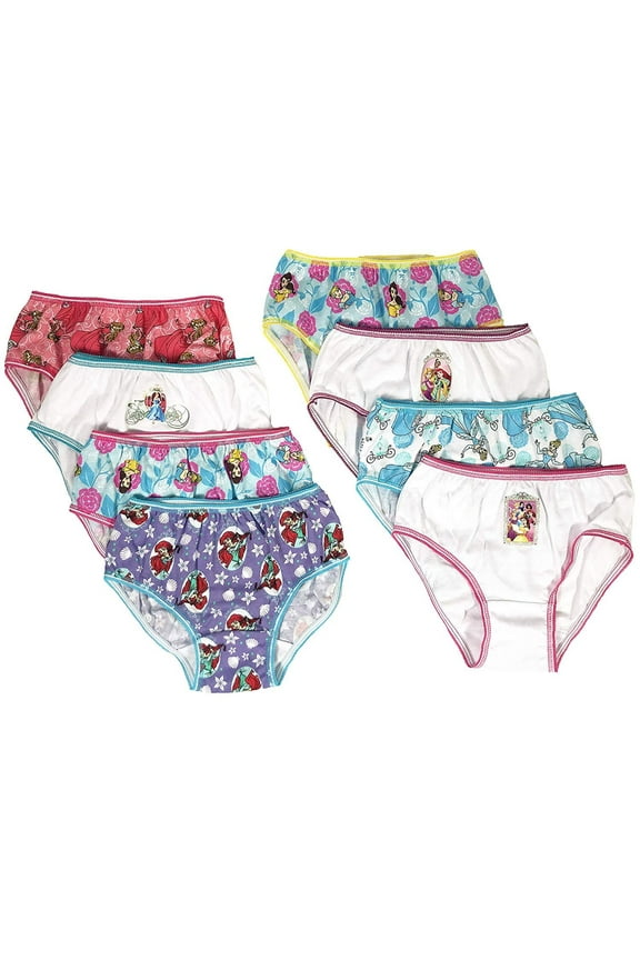 Disney Princess Girls Panties Underwear - 8-Pack Toddler/Little Kid/Big Kid Size Briefs Ariel Cinderella Rapunzel