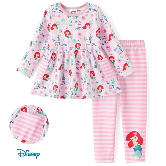 Disney Princess Girls Pink Outfits Set Ariel Graphic Dress Top with Pocket and Stripe Legging Pant Set Toddler 2T