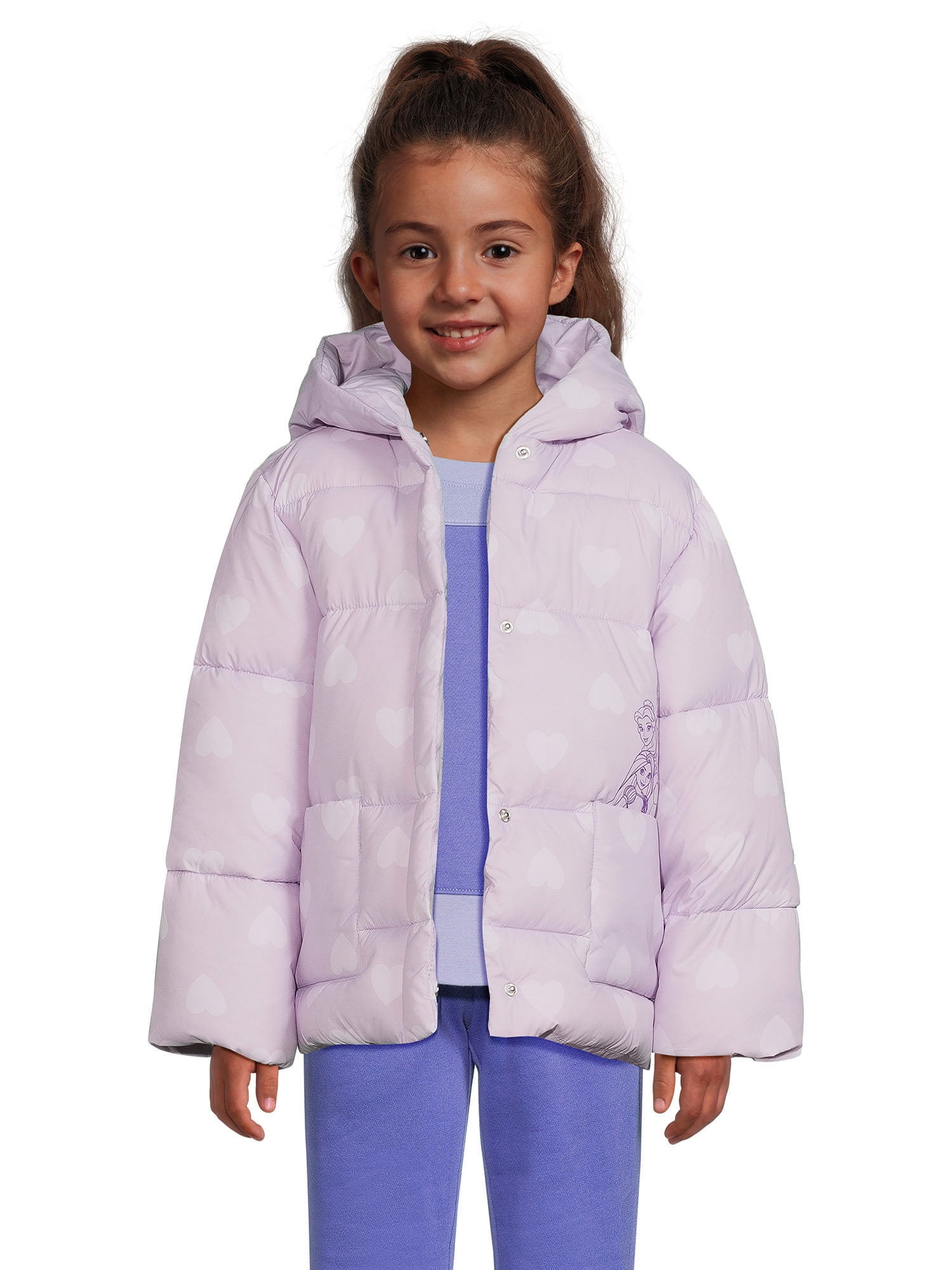 Disney Princess Girls Puffer Coat with Pockets and Hood, Sizes 4-12 ...