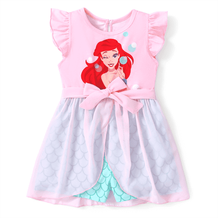 Disney Princess Girls Romper Little Mermaid Ariel Graphic Jumpsuit with Tulle Skirt Dresses Ruffled Sleeve Summer Outfits Sizes 2-6T