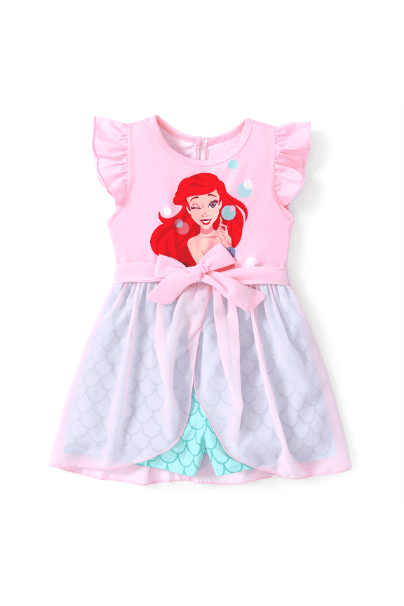 Princess Girls Romper Little Mermaid Ariel Graphic Jumpsuit with Tulle Skirt Dresses Ruffled Sleeve Summer Outfits Sizes 2-6T