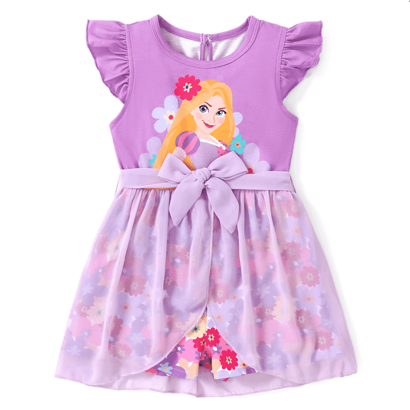 Disney Princess Girls Romper Rapunzel Graphic Jumpsuit with Tulle Skirt Dresses Ruffled Sleeve Summer Outfits Sizes 2-6T
