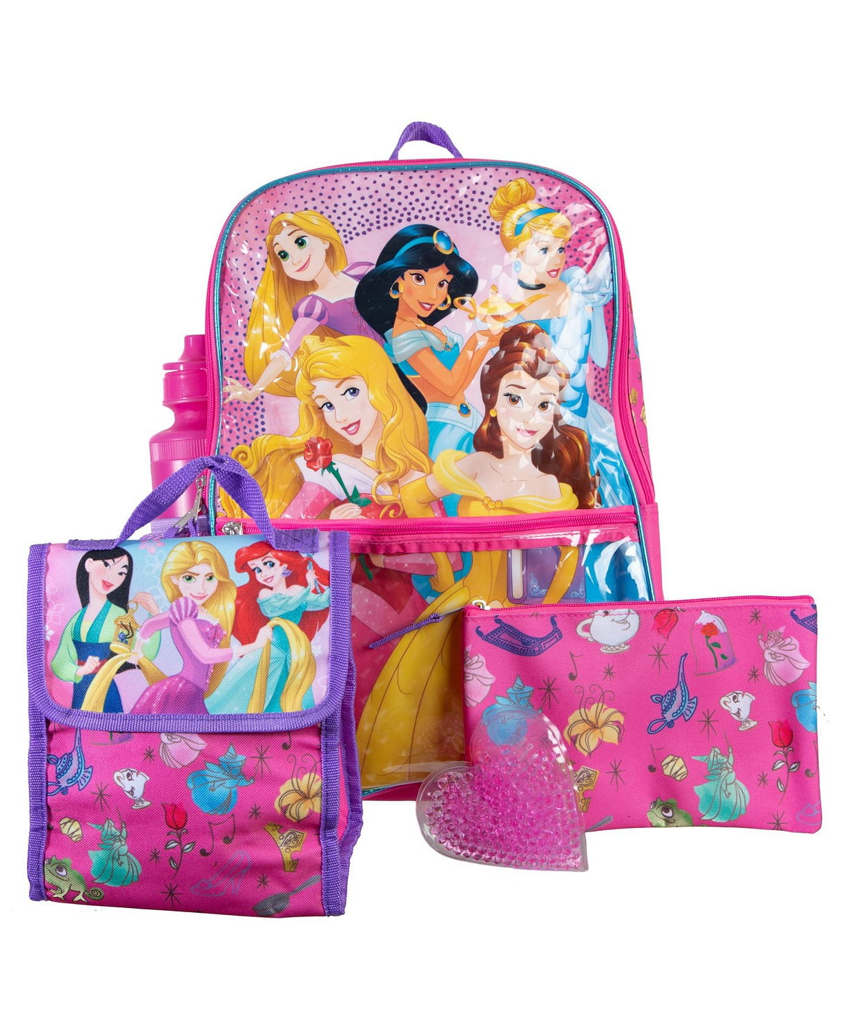 Disney Princess Backpack with Lunch Box for Girls ~ 5 Pc Bundle With Deluxe  16 Princess School Bag, Lunch Bag, Water Bottle, and More (Disney