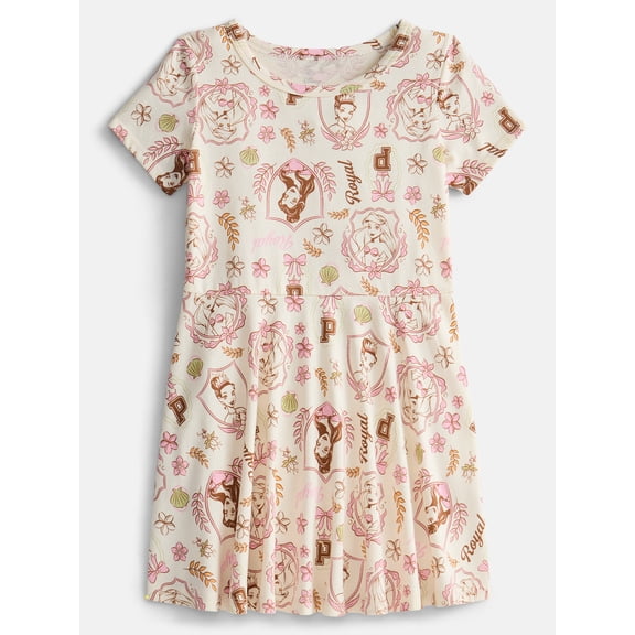 Disney Princess Girls Print Skater Dress with Short Sleeves, Sizes 4-12