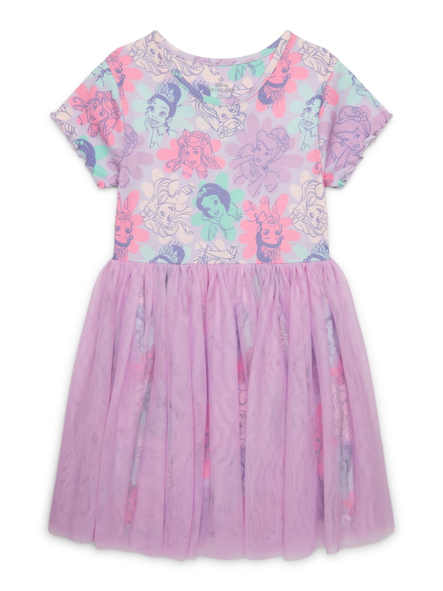 Disney Princess Girls All Over Print Tulle Dress with Short-Sleeves, Sizes 4-12