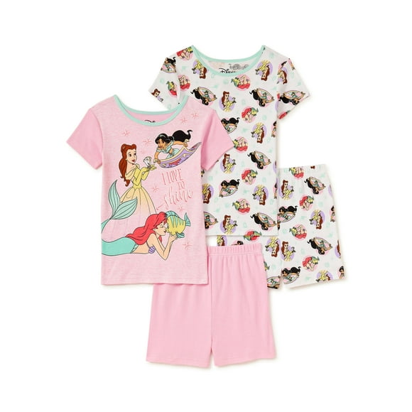 Disney Princess Girls Short Sleeve Sleep Shirts and Shorts, 4-Piece Pajama Set, Sizes 4-10