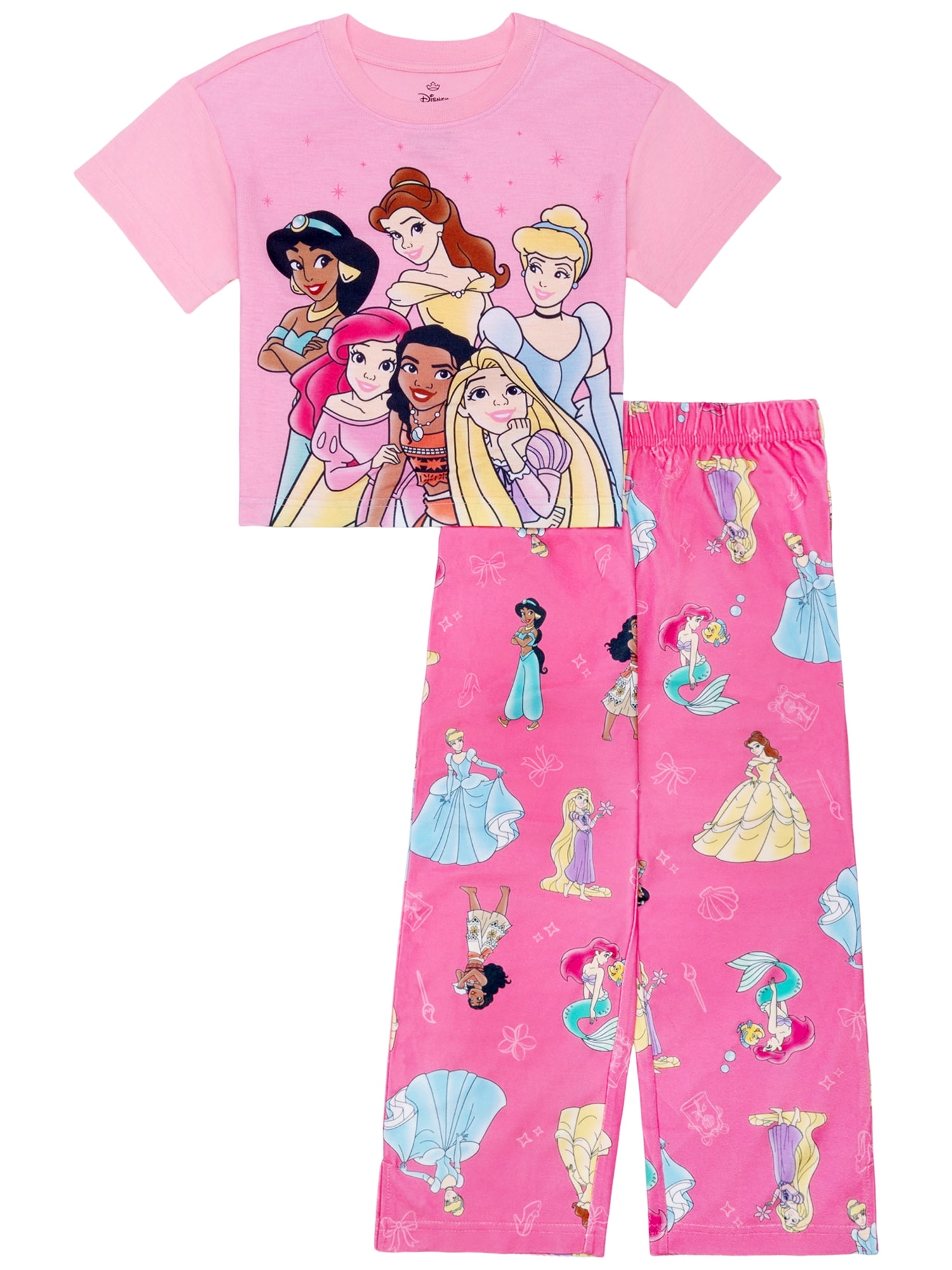 Disney Princess Girls Short Sleeve Top and Pant Pajama Set, 2-Piece, Sizes 4-12