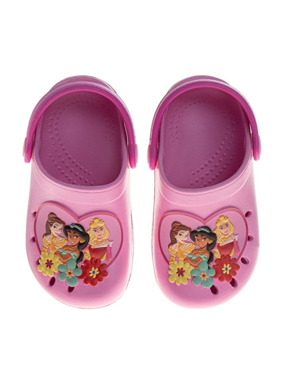Princess Girls Slip-On Clogs with Back Strap, Jasmine, Belle & Aurora, Slip-Resistant EVA Sandals (Little Kids), Pink, Size: 9-10