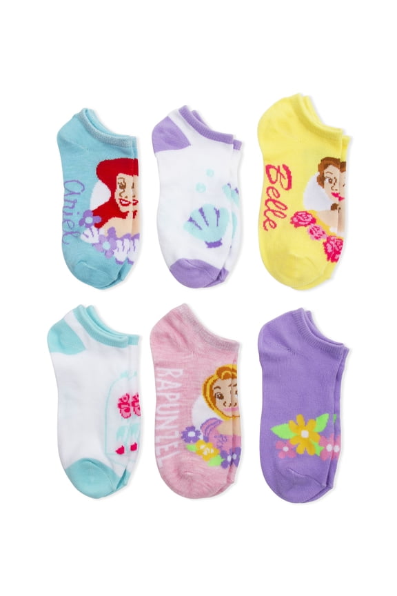 Girls Socks, 6 Pack No Show Belle, Ariel, Rapunzel (Little Girls & Big Girls)