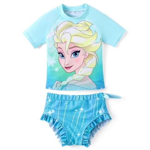 Disney Princess Girls Swimsuit Frozen Elsa Rash Guards and Bikini, 2-pcs, Sizes 2-6, Blue
