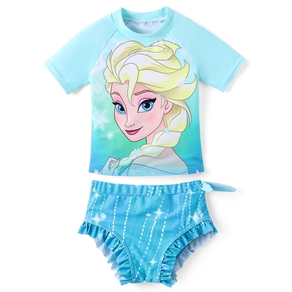 Disney Princess Girls Swimsuit Frozen Elsa Rash Guards and Bikini, 2-pcs, Sizes 2-6, Blue