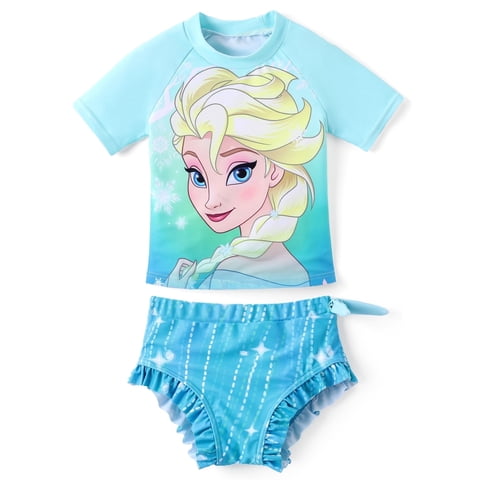 Disney Princess Girls Swimsuit Frozen Elsa Rash Guards and Bikini Bottom 2 Pieces Set Sizes 2-6