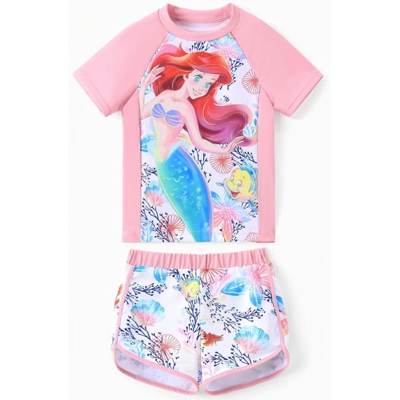 Disney Princess Girls Swimsuits Sets Ariel Graphic Swim T-shirt and Shorts Tankini Rash Guard Bathing Suits Sizes 2-6