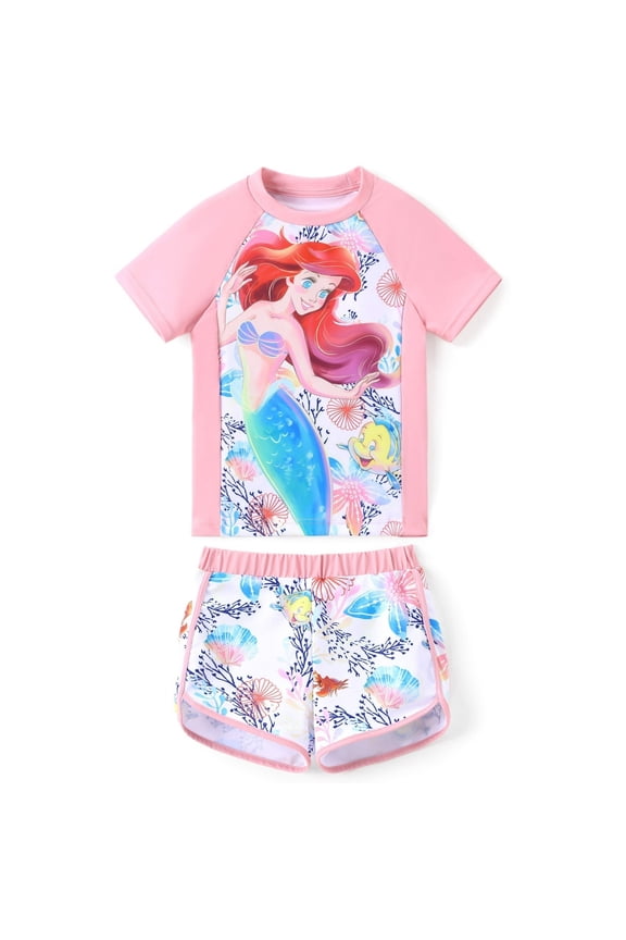 Princess Girls Swimsuits Sets Ariel Graphic Swim T-shirt and Shorts Tankini Rash Guard Bathing Suits Sizes 2-6