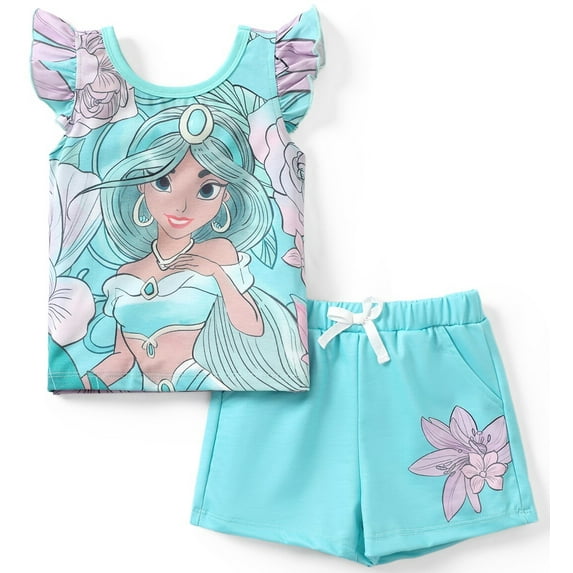 Disney Princess Girls T Shirt and Shorts Jasmine Character Ruffled 2 Pieces Outfits Set Size 2-6