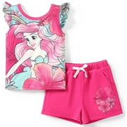Disney Princess Girls Graphic Tee and Shorts Mermaid Ariel Summer Causal School Outfits Sets 5-6Y