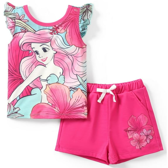Disney Princess Girls T Shirt and Shorts Mermaid Ariel Character Ruffled 2 Pieces Outfits Set Size 2-6
