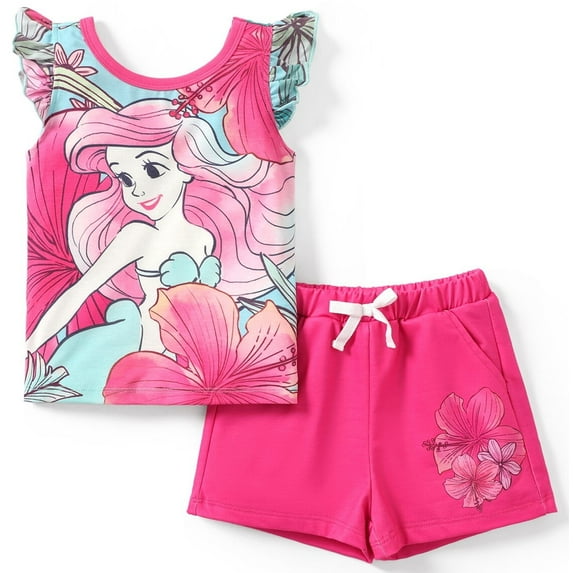 Disney Princess Girls T Shirt and Shorts Mermaid Ariel Character Ruffled 2 Pieces Outfits Set Size 2-6