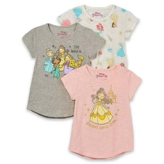 Disney Princess Girls' Toddler Short Sleeve Tshirt - 3 Pack Heather Grey/Pink/Off-White, 2T