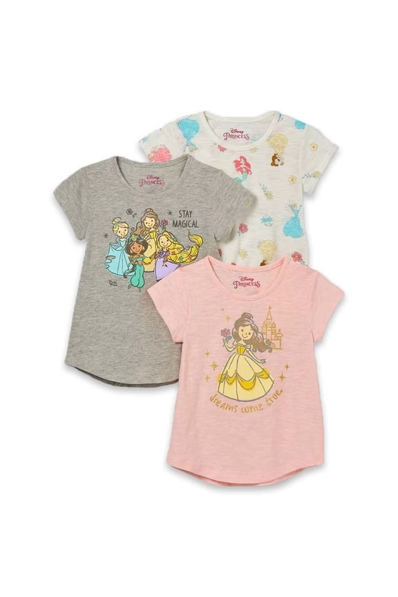 Princess Girls' Toddler Short Sleeve Tshirt - 3 Pack Heather Grey/Pink/Off-White, 2T