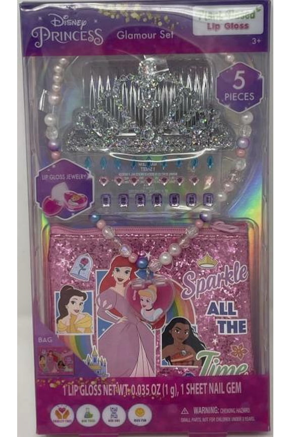 Princess Glamour Set 5 Pc Ages 3+ Necklace Tiara Lip Gloss Nail Gem Bag