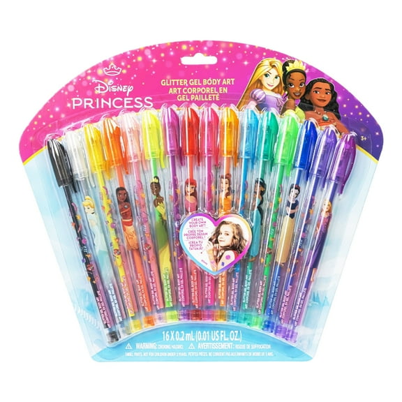 Disney Princess Glitter Gel Pens Body Markers Colorful & Bright Glitter Pens Gifts for Girls, 16 pcs