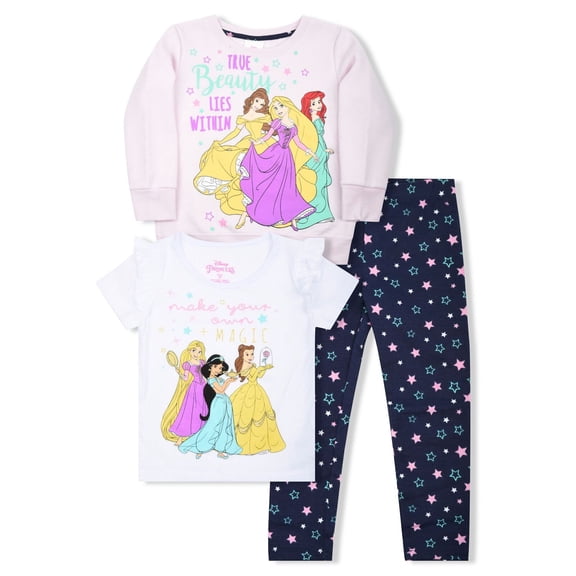 Disney Princess Graphic Sweatshirt, T-Shirts, And Legging, 3-Piece Outfit Set (Little Girls)