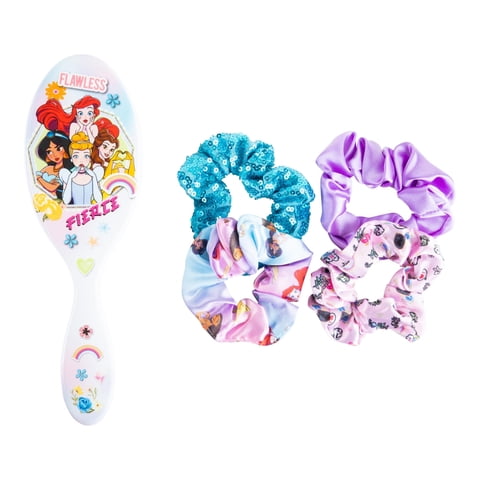 Disney Princess Hair Accessory 5 Pcs Set - 1 Large Disney Princess Hair Brush + 4 Disney Princess Scrunchies - Hair Accessories For Girls - Detangling Brush - Elastic Hair Ties Ropes Scrunchies